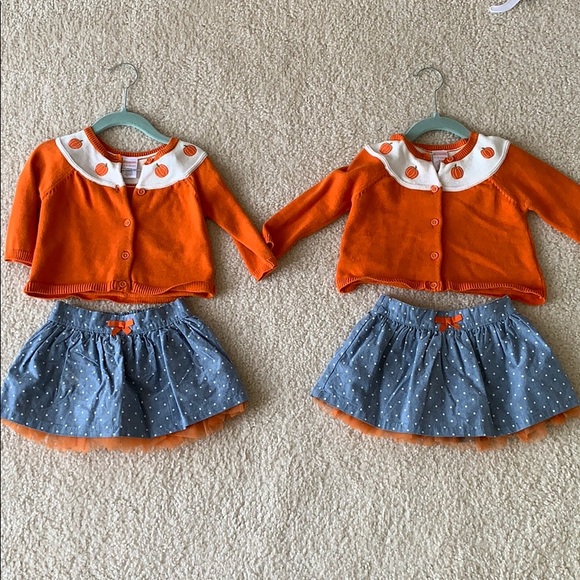 Two girls pumpkin sweater and tulle denim skirt